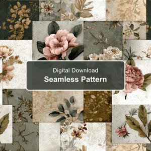 Könnte beinhalten: Ein nahtloses Muster als digitaler Download mit einer Collage aus botanischen Illustrationen mit rosa Pfingstrosen, grünen Blättern und strukturierten Hintergründen in Beige-, Braun- und Salbeigrüntönen. Der Text Digital Download Seamless Pattern ist zentriert.