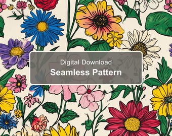 Motif sans couture de fleurs sauvages vintage, papier numérique floral dessiné à la main (PNG)