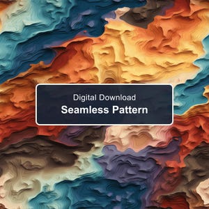 May include: A digital download seamless pattern featuring a topographic map style with layered, wavy lines in shades of orange, blue, brown, and cream. A dark rectangular overlay in the centre displays the white text Digital Download Seamless Pattern.