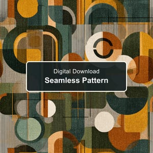 Könnte beinhalten: Ein digitales, nahtloses Muster zum Herunterladen mit einem geometrischen Design aus überlappenden Kreisen, Halbkreisen und vertikalen Linien in Senfgelb, Dunkelgrün, Petrol und Creme, mit dem Text Digital Download Seamless Pattern.