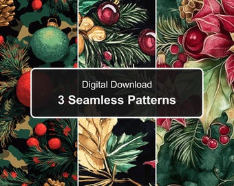 Trio de motifs sans couture aquarelle poinsettia et pomme de pin de Noël (Téléchargement numérique)