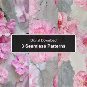 Puede incluir: Una descarga digital con tres patrones sin costuras de flores rosas sobre un fondo de mármol gris y blanco. Una superposición rectangular negra en el centro muestra el texto blanco: Digital Download 3 Seamless Patterns.