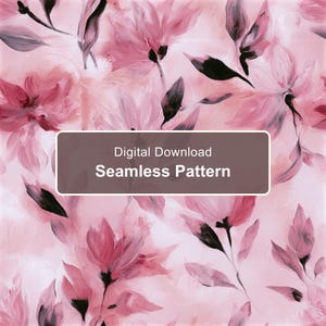 Può includere: Un motivo senza cuciture con fiori rosa dipinti e foglie scure su uno sfondo rosa chiaro. Un riquadro rettangolare al centro contiene il testo bianco Digital Download Seamless Pattern su uno sfondo marrone scuro.