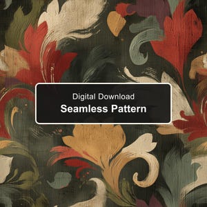 May include: A digital download seamless pattern featuring a dark background with thick, visible brushstrokes in shades of red, cream, and muted green. A black rectangular overlay in the center displays the white text Digital Download Seamless Pattern.