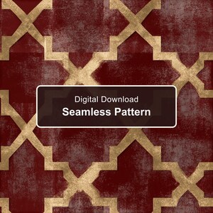 May include: A digital download seamless pattern featuring a deep red background with a textured, distressed finish overlaid by a gold-coloured geometric lattice design. A dark rectangular box in the centre displays the text Digital Download Seamless Pattern.