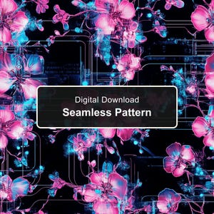 Patrón floral ciberpunk sin costuras, flores con efecto glitch en magenta y cian brillantes (descarga digital)