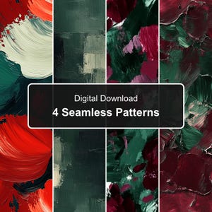 May include: A digital download featuring four seamless patterns with thick, textured oil paint strokes. The designs include vibrant red, deep forest green, and dark burgundy color palettes with visible impasto brushwork and layered paint effects.
