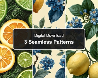 Lemon Citrus Botanical Seamless Pattern Bundle (3 PNG Files)