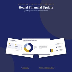 May include: An editable PowerPoint template for a Board Financial Update and Quarterly Financial Report. The presentation slides feature financial highlights, a revenue pie chart, and bulleted lists on a dark blue background with 12 slides total.
