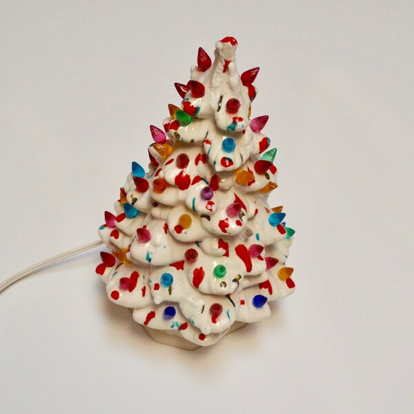 Vintage White Ceramic Christmas Tree Lighted, MCM Splatter Design