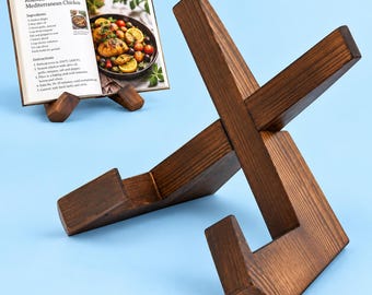 Supporto per libri di cucina in legno artigianale, design rustico a croce in stile fattoria, porta tablet (pino silvestre)