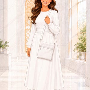 May include: A long-sleeved white maxi dress with a fitted waist and a full, flowing skirt, paired with a white crossbody bag featuring a front zipper pocket and matching white flat shoes. The outfit is clean, simple, and monochromatic in style.