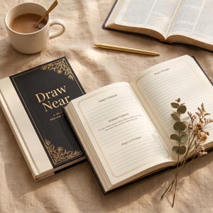 Könnte beinhalten: Ein schwarz-cremefarbenes Gebetstagebuch mit dem Titel Draw Near und goldenen Blumenverzierungen, abgebildet in geschlossenem und offenem Zustand mit Abschnitten für Dankbarkeit, Schriftstellen und Gebetsanliegen, neben einer Kaffeetasse, einem Stift und einem Buch.