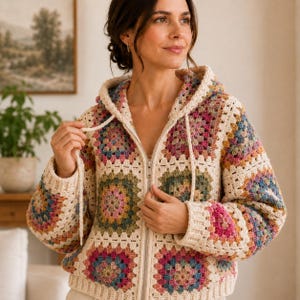Könnte beinhalten: Ein Kapuzenpullover mit Reißverschluss, der aus mehrfarbigen Granny-Square-Häkelmotiven besteht. Das Kleidungsstück hat eine cremefarbene Basis mit Quadraten in Rosa, Blau, Grün und Gelb sowie gerippte Säume, Bündchen und eine Kapuze.
