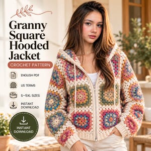 May include: A crochet pattern for a Granny Square Hooded Jacket, available as an English PDF with US terms for sizes S-5XL. The jacket features a multi-colored granny square motif in shades of pink, blue, green, and cream with a front zipper.