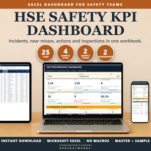 May include: An Excel dashboard for safety teams titled HSE SAFETY KPI DASHBOARD. The display shows a laptop, tablet, and smartphone featuring data tables and performance metrics for incidents, near misses, actions, and inspections.