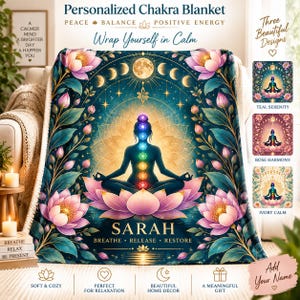 Personalized Chakra Blanket, Custom Name Meditation Throw, Seven Chakra Yoga Gift, Spiritual Wellness Blanket