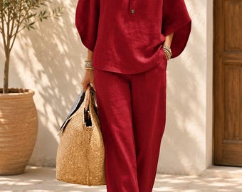 Cotton Lounge Set Relaxed Matching Outfit Wide Leg Pants Casual Resort Travel Wear Women