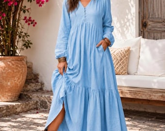 Boho Linen-Look Maxi Dress: Tiered Long Sleeve Cottagecore Beach Outfit