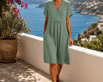 Cotton Linen Midi Dress for Women, V Neck Short Sleeve Summer Casual Pockets