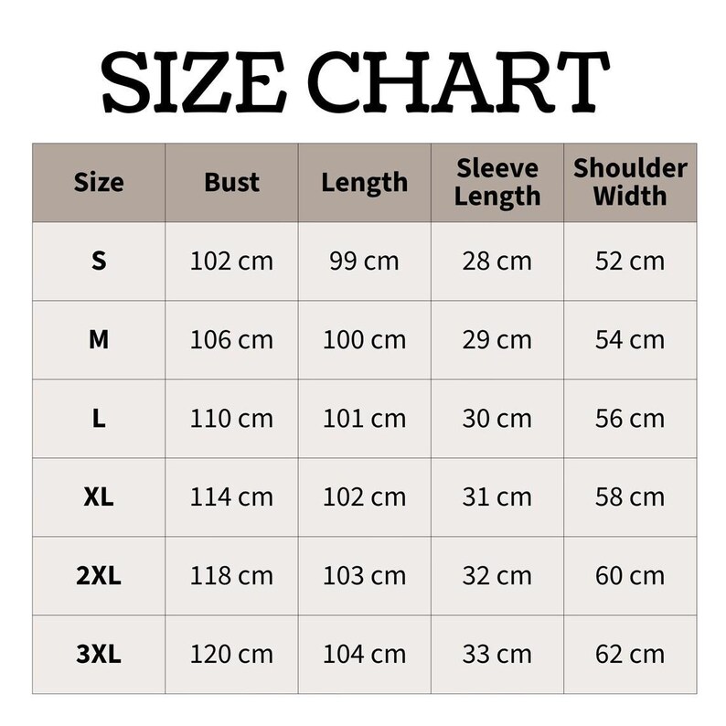May include: A size chart table with the heading SIZE CHART. The table lists sizes S through 3XL with corresponding measurements in centimeters for bust, length, sleeve length, and shoulder width. The grid has a light beige background with black text.