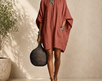 Women's Cotton Linen Batwing Dress, Loose Casual Tunic, Round Neck, Side Pockets
