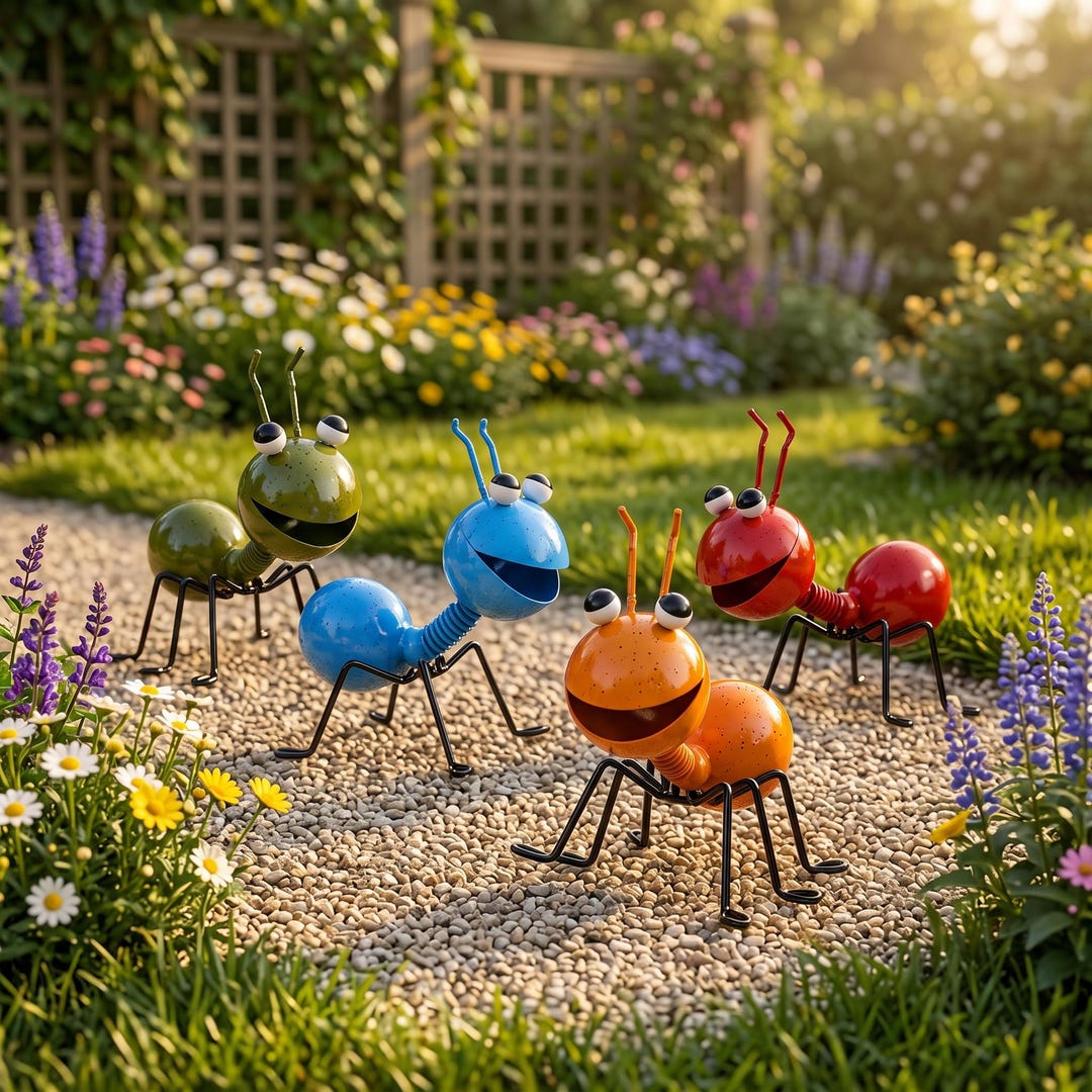 Set of 4 Colorful Metal Ant Garden Sculptures, Whimsical Yard Art