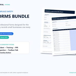 May include: A workplace safety forms bundle by TRUERYAL SYSTEMS featuring six professional templates including incident, training, PPE, inspection, toolbox talk, and corrective action forms. The set includes six editable Word templates and six fillable PDFs.