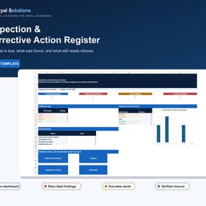 May include: An Excel template titled Inspection & Corrective Action Register by TrueRyal Solutions. The dashboard displays data tables for active inspections, findings by risk, corrective action status, and a bar chart for corrective actions by status.