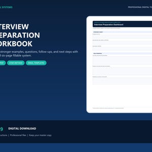 May include: A digital Interview Preparation Workbook by Trueryal Systems featuring a six-page fillable system. The dark blue interface displays the title, a preview of the Interview Preparation Dashboard, and buttons for Fillable PDF, Star Method, and Email Templates.