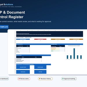 May include: An Excel template for an SOP and Document Control Register by TrueRyal Solutions. The digital dashboard displays document status, review dates, approval tracking, and revision history with blue, red, and gold data visualization charts.