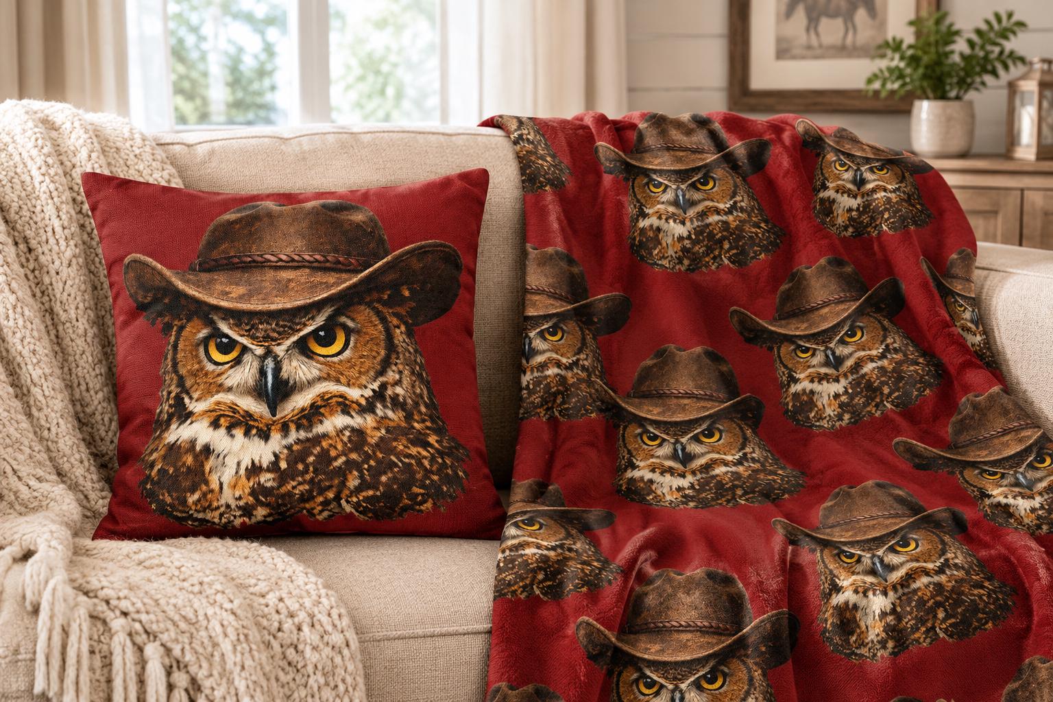 Cowboy Owl Throw Blanket and Pillow Case BUNDLE