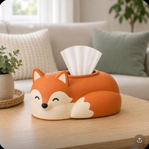 May include: A fox-shaped tissue box cover in matte orange and cream colours. The fox is depicted in a resting position with closed eyes, a small black nose, and pointed ears. A white tissue is pulled through the opening on the fox's back.