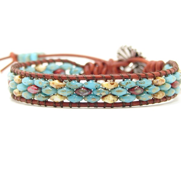 Blue Beaded Leather Wrap Bracelet Southwest Style, Turquoise-Blue-Red Superduo Wrap Bracelet, Southwest Flower Beaded Bracelet Single Wrap