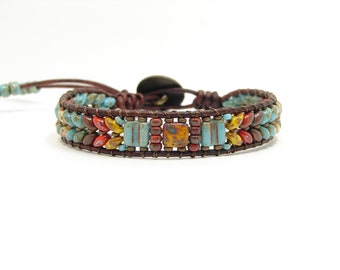 Southwest  Style Beaded Wrap Bracelet, Turquoise Blue Mix Superduo Bracelet