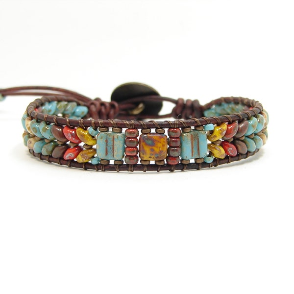 Southwest  Style Beaded Wrap Bracelet, Turquoise Blue Mix Superduo Bracelet