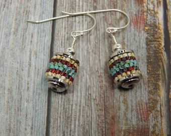 Southwestern Style Beaded Roller Earrings, Blue Mix Beaded Column Earrings