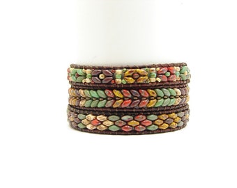 Green Mix Beaded Leather Triple Wrap Bracelet, Southwestern Green-Brown Beaded Triple Wrap Bracelet