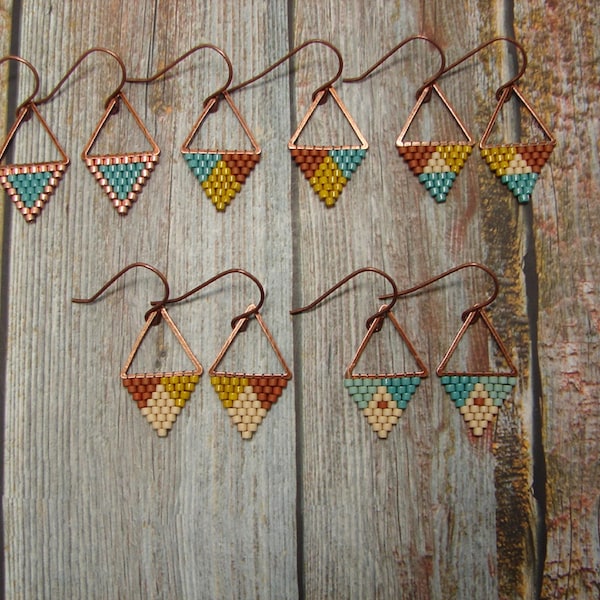 Southwest Antiqued Copper Beaded Triangle Earrings, Bluegreen-Yellow-Brown Handwoven Seed Bead Earrings, Five Pairs To Choose From