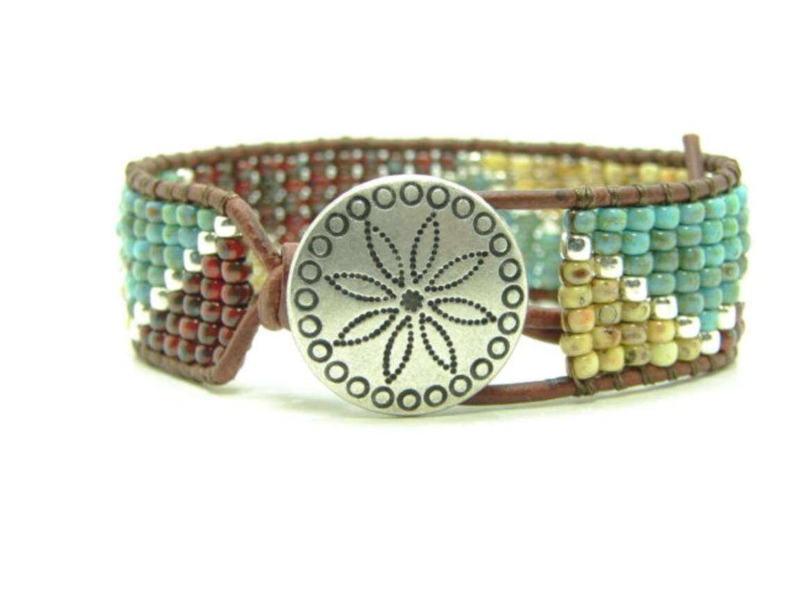 Southwestern Mixed Seed Bead Leather Wrap Bracelet Tribal Etsy