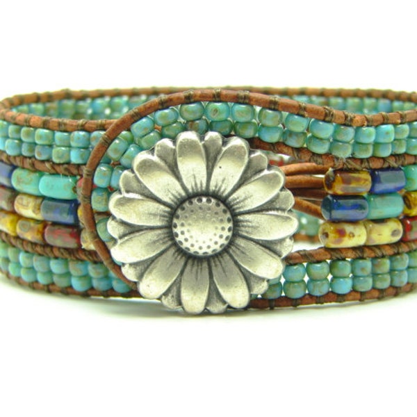 MultiColor Rulla Picasso Beaded Leather Wrap Cuff Bracelet, Turquoise Blue Picasso Beads, Sunflower, 3 Row, Boho