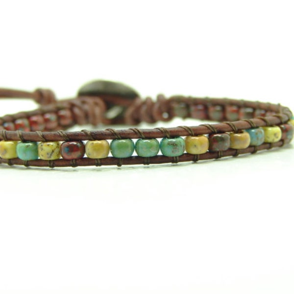 Mixed Picasso Seed Bead Leather Wrap Bracelet, Single Wrap Bracelet, Boho Bracelet, Red Picasso Seed Bead Wrap Bracelet, Beaded Bracelet