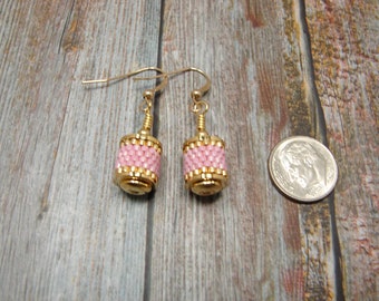 Southwestern Style Beaded Roller Earrings, Pink-Gold Slider Bead Earrings, Beaded Column Earrings