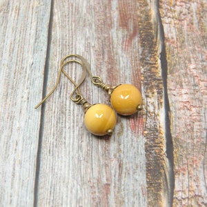 Antiqued Brass Dangle Earrings  Yellow Mookaite Beads, Rustic Style Earrings, Mustard Yellow Beaded Earrings