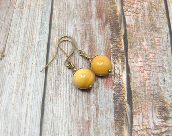 Antiqued Brass Dangle Earrings  Yellow Mookaite Beads, Rustic Style Earrings, Mustard Yellow Beaded Earrings