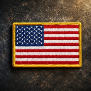May include: A rectangular embroidered patch featuring the United States flag with a blue canton containing white stars and alternating red and white horizontal stripes, all enclosed within a thick, stitched golden yellow border.