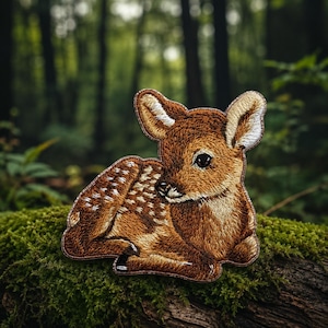 May include: An embroidered patch shaped like a fawn in a resting position. The fawn has brown fur with white spots on its back, a white chest, and dark brown ears with white inner details. The embroidery features intricate stitching and a dark border.