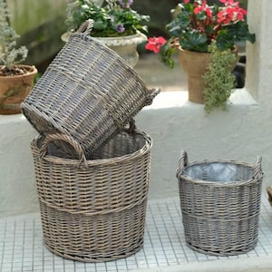 Cesta para plantas de mimbre Willow / Cesta para plantas de mimbre gris envejecido con asas