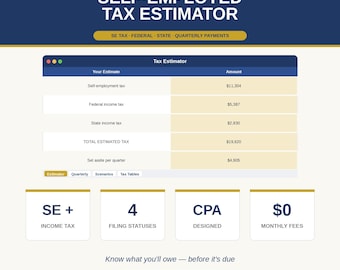 Self-Employed Tax Calculator Spreadsheet (Excel Template), Quarterly Tax Estimator (Digital Download)