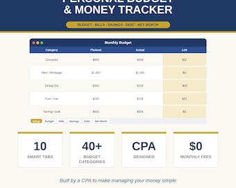 CPA Designed Personal Budget Spreadsheet, Excel Money Tracker (Digital Download)